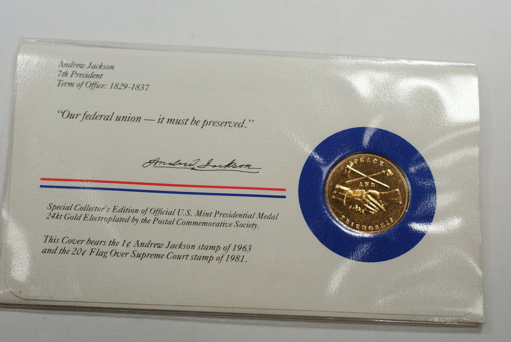 Andrew Jackson Presidential Medal 24 KT Electroplate Gold & Stamps Cover