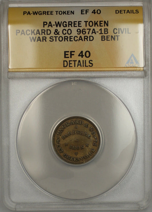 Civil War PA-WGREEN Packard &Co Storecard Token 967A-1B ANACS EF-40 Details Bent