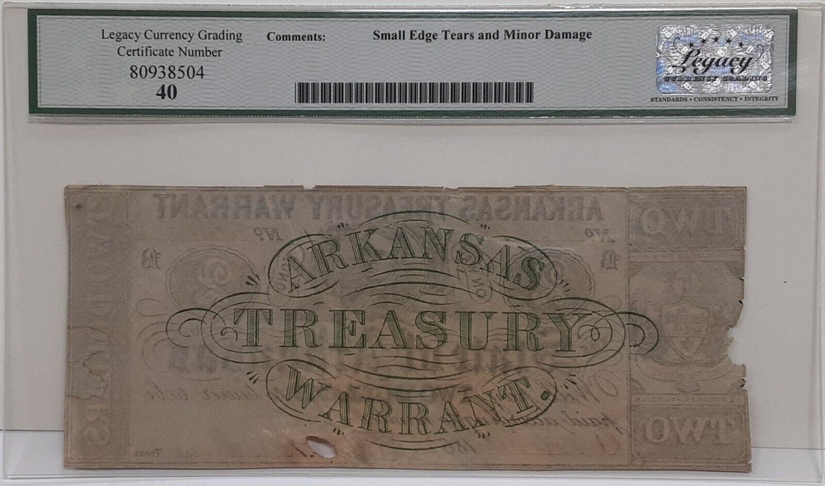 1862 $2 Arkansas Treasury Warrant Cr. 36  Legacy EF 40 W/Comments