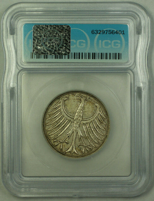 1956-J Germany Silver 5 Mark ICG AU-55 Details Damaged KM#112.1