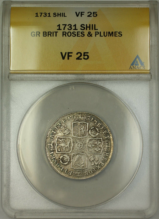 1731 Roses & Plumes Great Britain Silver Shilling Coin George II ANACS VF-25