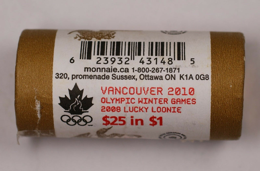 2008 Lucky Loonie $1 Vancouver 2010 Olympic Winter Games $25 Coins UNC Roll