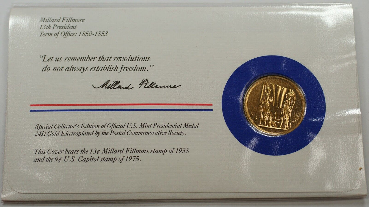 Millard Fillmore Presidential Medal 24 KT Electroplate Gold & Stamps Cover