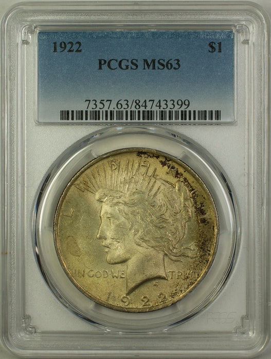 1922 Silver Peace Dollar $1 Coin PCGS MS-63 Toned (16d)