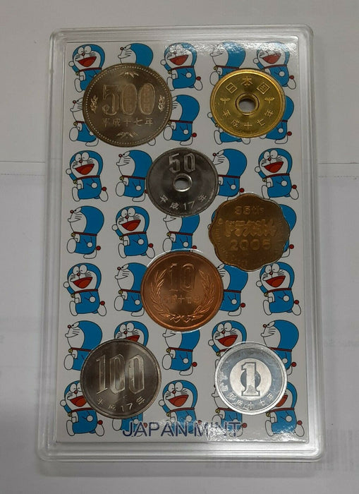 2005 Japan "35th Ann of Doraemon 6 Coin BU Set w/Medal In Original Plastic Case