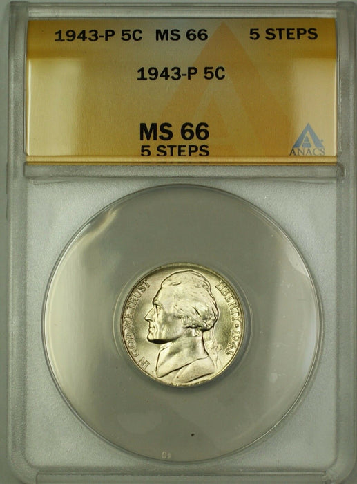1943-P 5 Steps U.S. Wartime Silver Jefferson Nickel 5c Coin ANACS MS-66 (C)