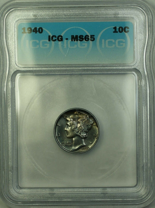 1940 Silver Mercury Dime 10c Coin ICG MS-65 Toned Gem BU (D)