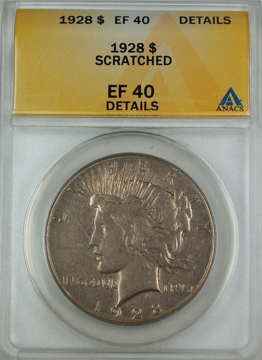 1928 Peace Silver Dollar Coin, ANACS EF-40 Details - Scratched
