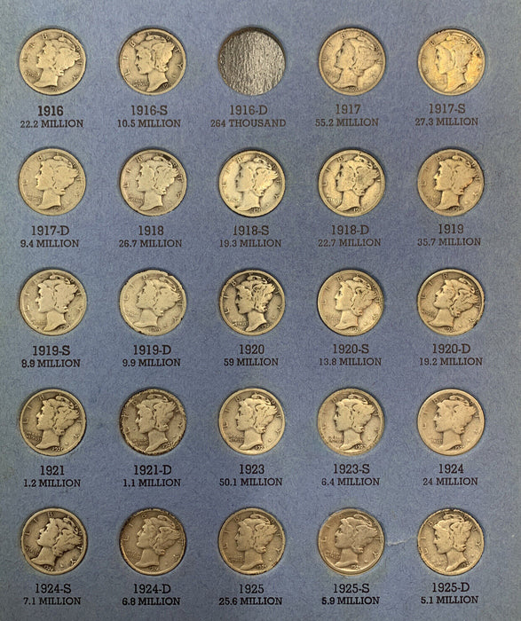 1916-1945 Mercury Dime Almost Complete Set, Whitman Coin Folder-NO 1916-D (B)