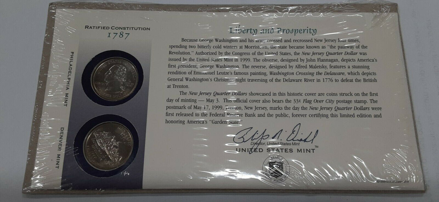 New Jersey 1999 P&D Statehood Quarter Set in Orig. US Mint Coin Cover w/Stamp