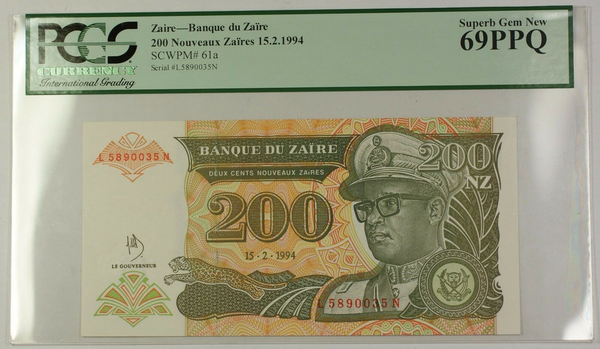 15.2.1994 Zaire 200 Nouveaux Zaires Bank Note SCWPM# 61a PCGS Superb Gem 69 PPQ