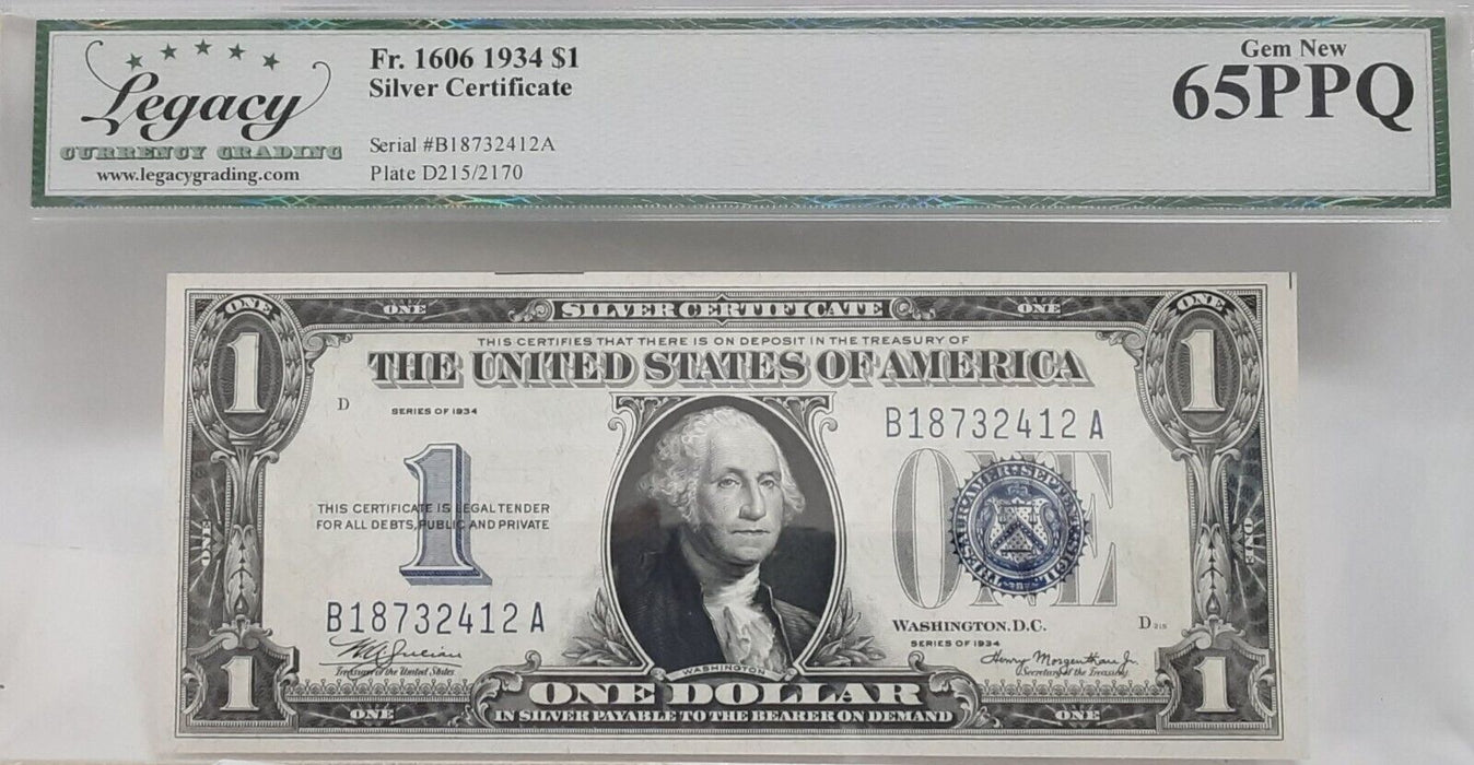1934 $1 Silver Certificate FR#1606 (BA Block) Legacy Gem New 65PPQ