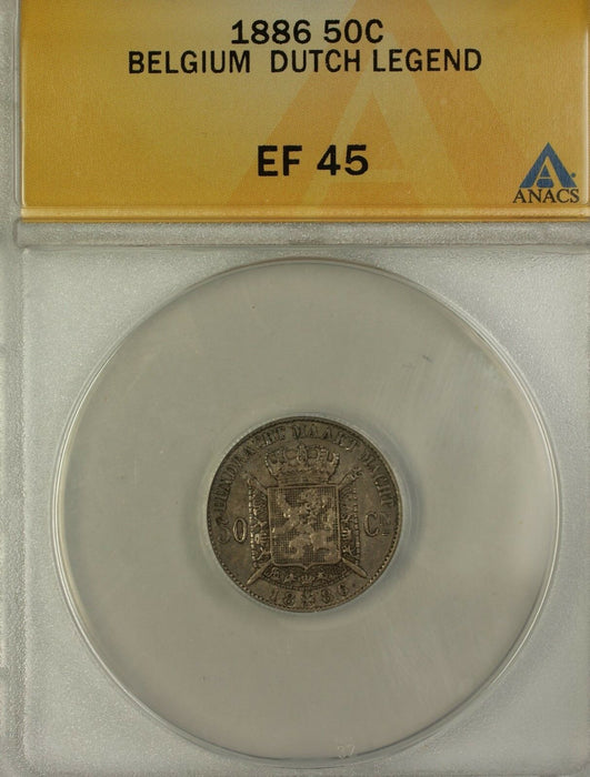 1886 Belgium 50C Cents Coin Leopold II Dutch Legend ANACS EF-45
