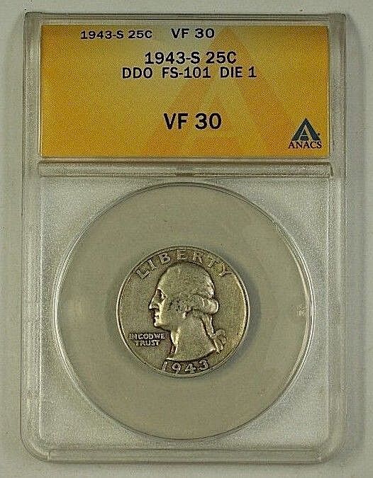 1943-S US Washington Silver Quarter Coin DDO Double Die FS-101 Die 1 ANACS VF-30