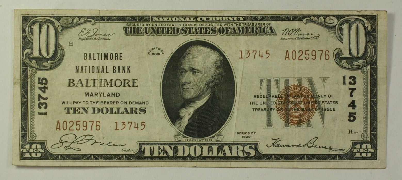 Series 1929 $10 National Banknote Baltimore Maryland # 13745 Fine Condition WW