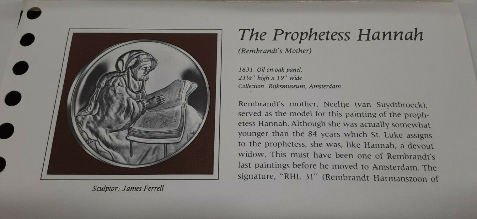 Franklin Mint Genius/Rembrandt PR .925 Silver Medal-Prophetess Hannah in Card
