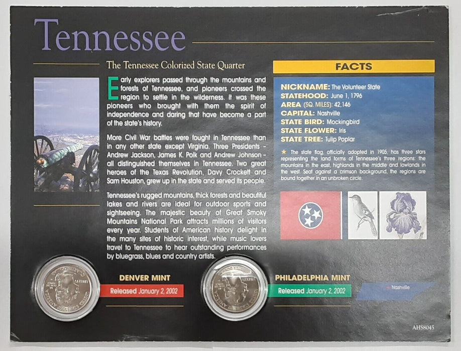 (2) 2002 Tennessee Colorized State Quarter P&D-BU-w/Colorful Display Card
