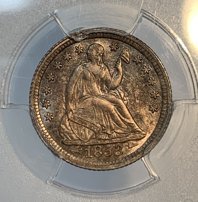 1853 Seated Liberty Half Dime Arrows, Toned-PCGS & CAC MS 66+ (Gorgeous GEM)