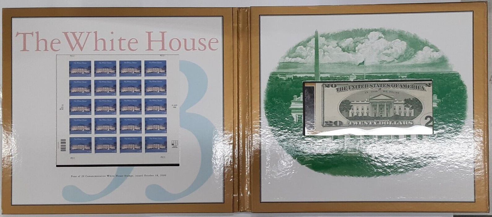2000 White House Bicentennial $20 Note & Stamps w/COA in USPS/Treasury Folder