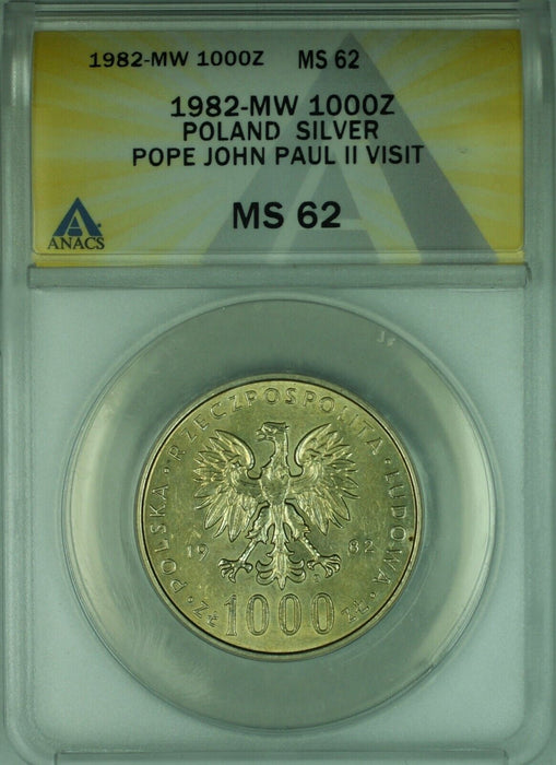 1982-MW Poland 1000Z Silver Commemorative John Paul II Visit ANACS MS 62  (WB2)