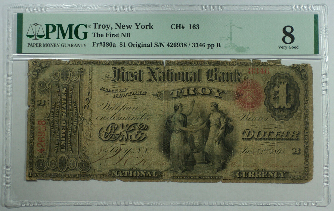 1865 $1 Troy New York NY First National Bank CH# 1631 Fr. 380a PMG VG-8