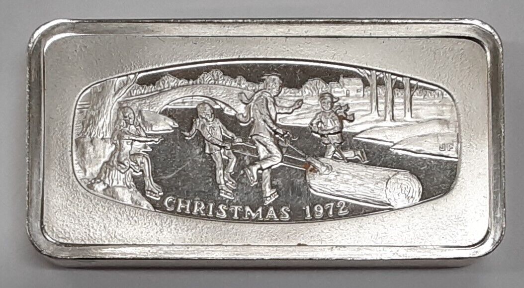 1972 Franklin Mint 1000 Grain Sterling Silver Christmas Ingot  Ice Skating