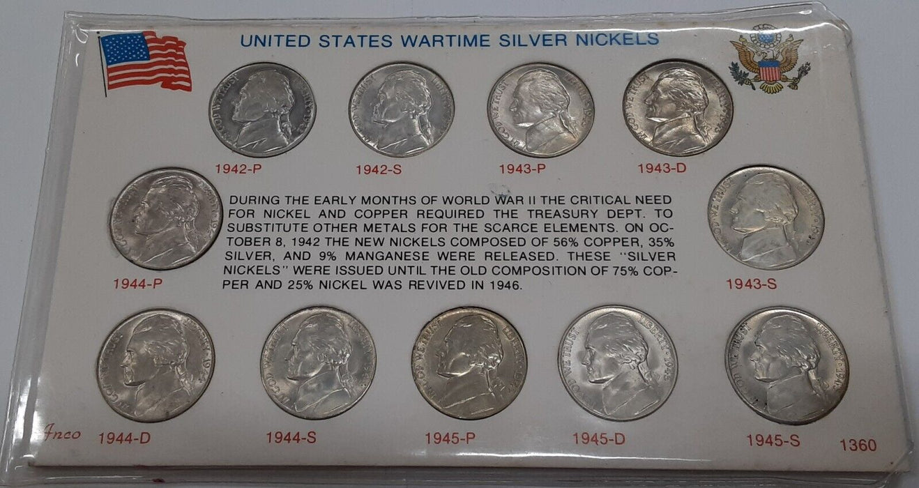 1942-1945 Silver War Nickel Set - 11 Coins Total in Info Holder - Mostly UNC