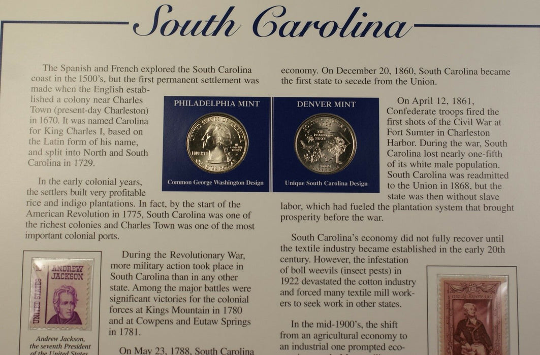 2000 South Carolina P&D Quarter for Anniversary of Statehood Bonus Stamp