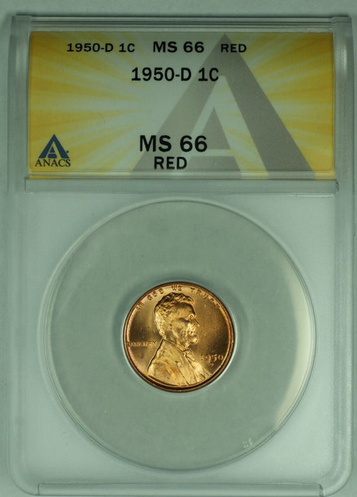 1950-D Lincoln Wheat Cent 1C Coin ANACS MS 66 RD (32) B