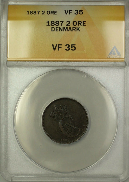 1887 Denmark 2 Ore Coin ANACS VF-35