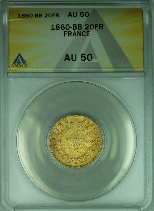 1860-BB France Gold 20 Francs Coin ANACS AU-50  (DW)