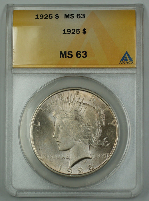 1925 Peace Silver Dollar Coin $1 ANACS MS-63 Very Lightly Toned