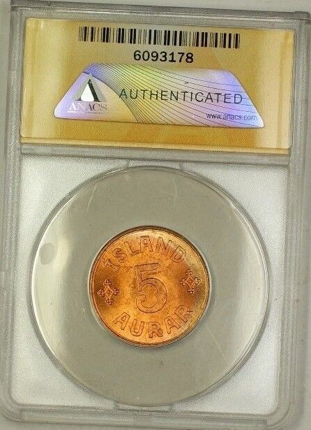 1942 Iceland 5A Five Aurar Copper ANACS MS-64 RB Red-Brown (Better Coin) (B)