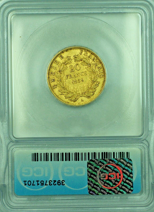 1859-A France 20 Francs Gold Coin ICG AU 50