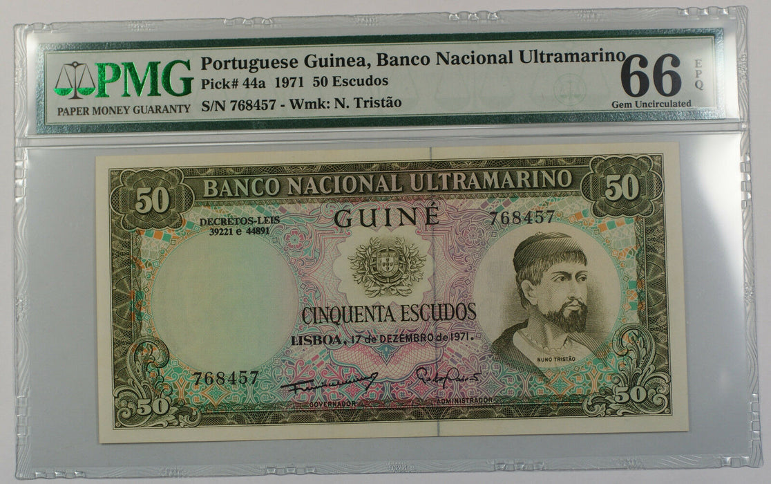 1971 Portuguese Guinea 50 Escudos Note Pick# 44a PMG 66 Gem UNC EPQ