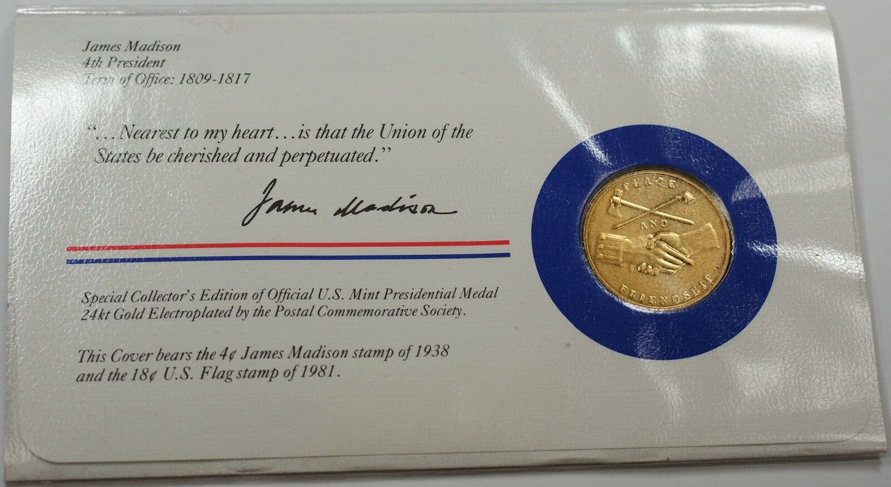 James Madison Presidential Medal 24 KT Electroplate Gold & Stamps Cover