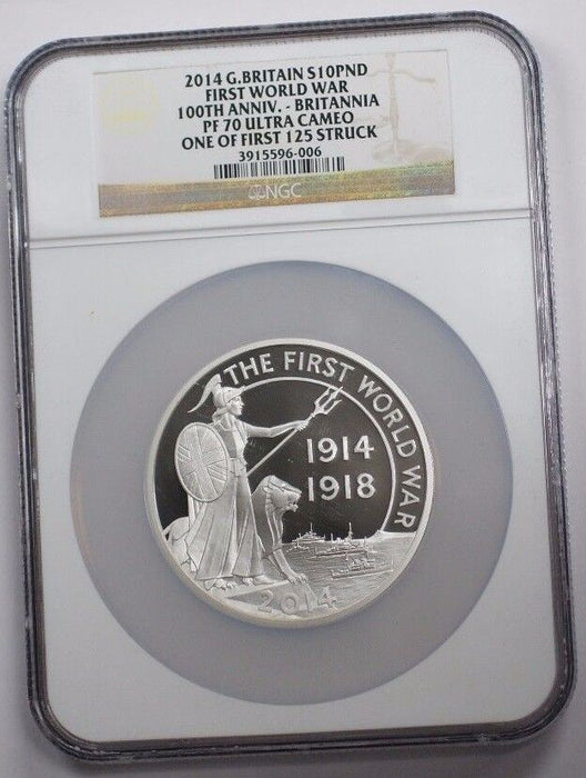 2014 Great Britain Silver 10 Pound Coin 1st World War 100th Anniversary NGC PF70