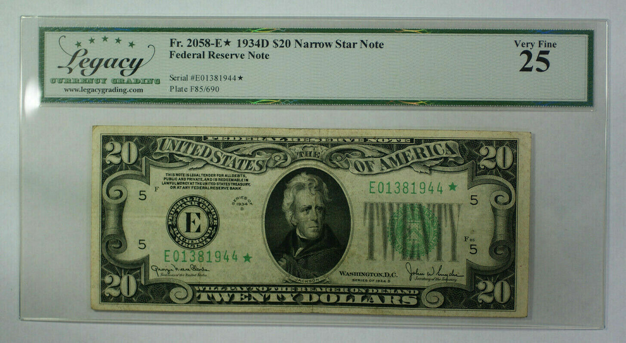 1934 D $20 Twenty Dollar FRN Narrow *Star* Note Fr. 2058-E Legacy VF-25