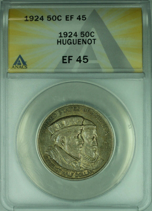 1924 Huguenot Commemorative Silver Half Dollar 50c Coin ANACS EF-45 (39)