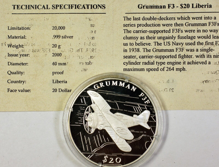2000 Republic of Liberia Silver $20 Grumman F3F Fighter Proof Coin with COA