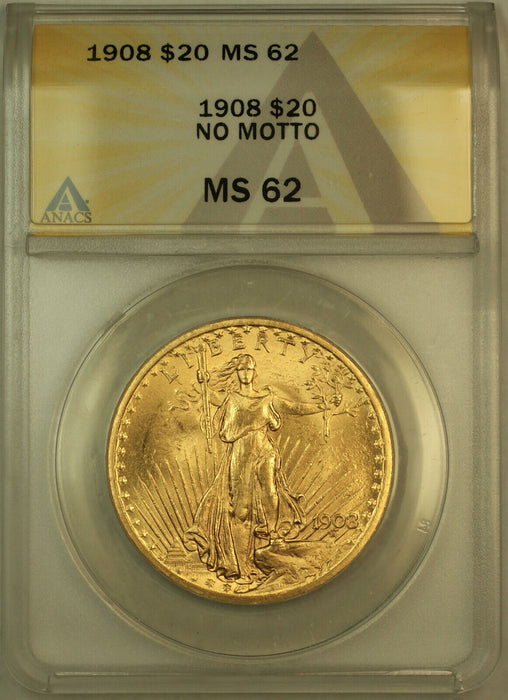 1908 No Motto St. Gaudens $20 Double Eagle Gold Coin ANACS MS-62