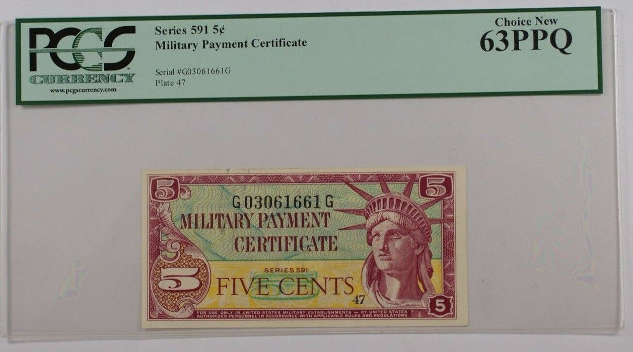 Series 591 Military Payment Certificate Five Cent Note PCGS Choice New 63 PPQ