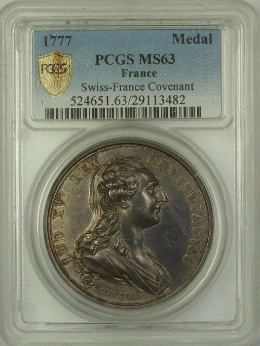 1777 France Swiss-France Covenant Silver Medal PCGS MS-63 *EXTREMELY RARE*