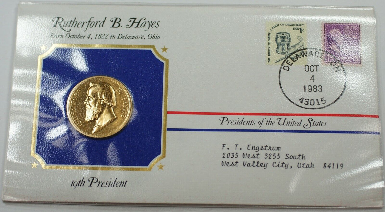 Rutherford B. Hayes Presidential Medal 24 KT Electroplate Gold & Stamps Cover