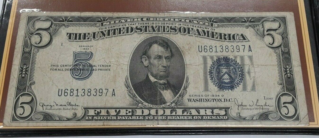 1934-D $5 Silver Certificate/1953-B $5 Legal Tender Note in Holder
