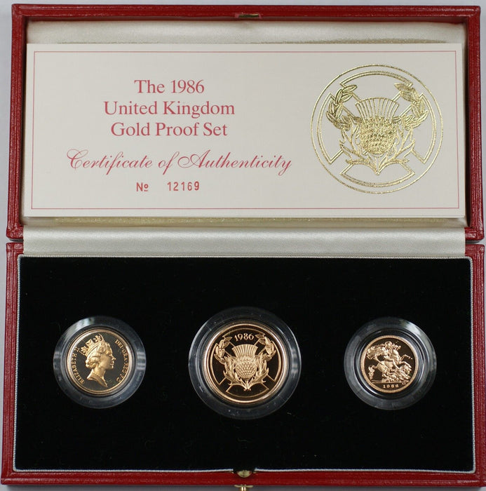1986 United Kingdom UK Royal Mint 3 Coin Gold Proof Set with Case and COA WW