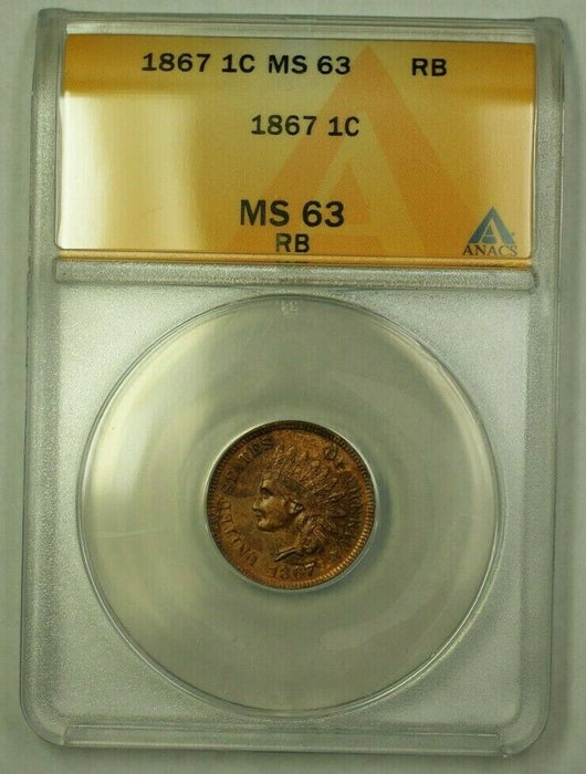 1867 Indian Head Cent 1c ANACS MS-63RB Beautiful Woodgrain Toning (WW)