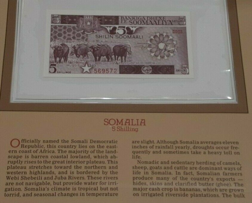 1983 Somalia 5 Shillings Banknote Crisp Uncirculated in Stamped Info Card