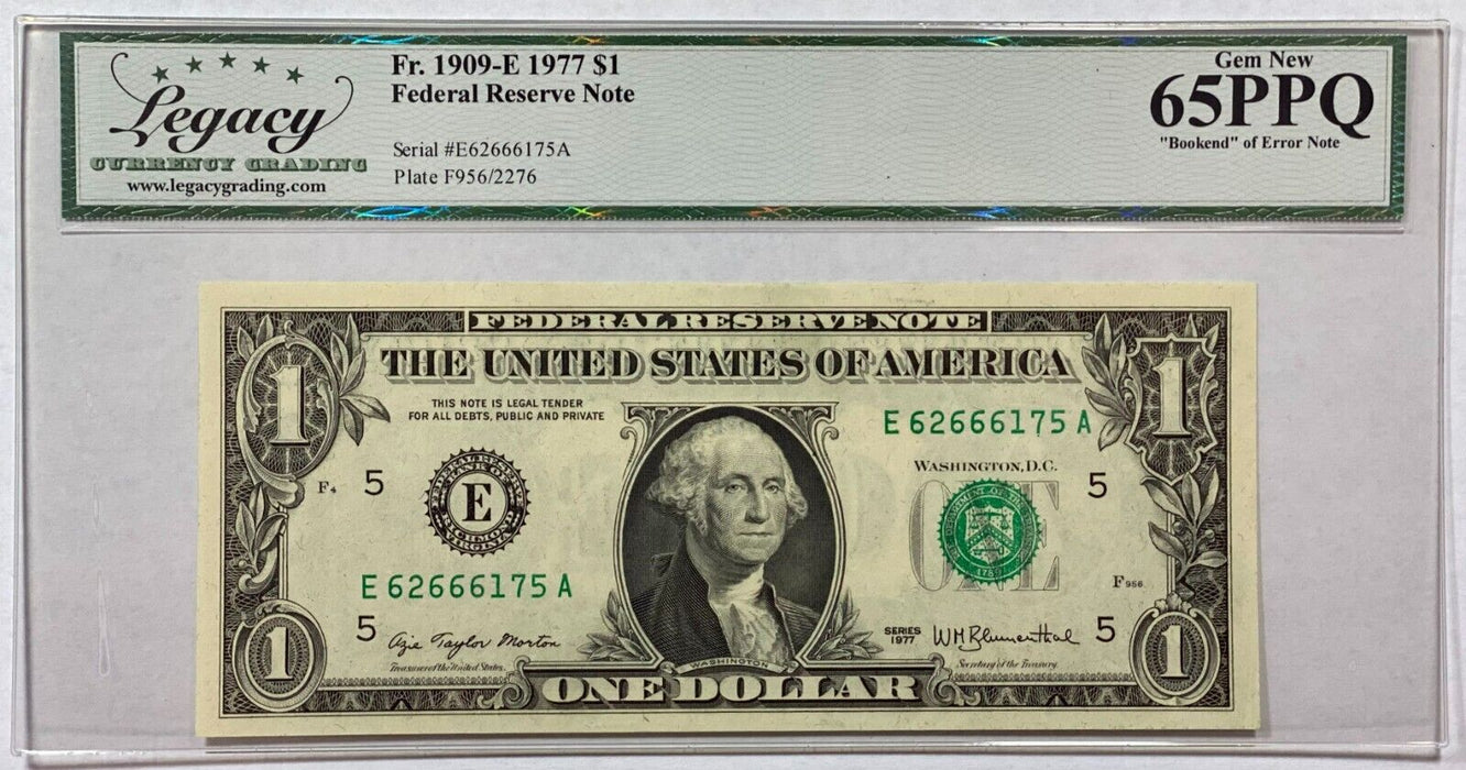 1977 $1 ERROR Overprint on Back Note FRN w/Bookend Notes Fr. 1909-E Legacy 58PPQ