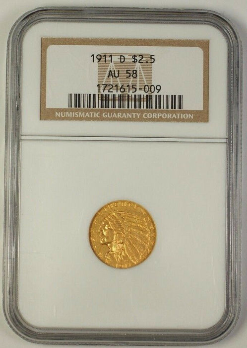 1911-D US Indian Quarter Eagle Gold Coin $2.50 NGC AU-58 **Scarce Date**